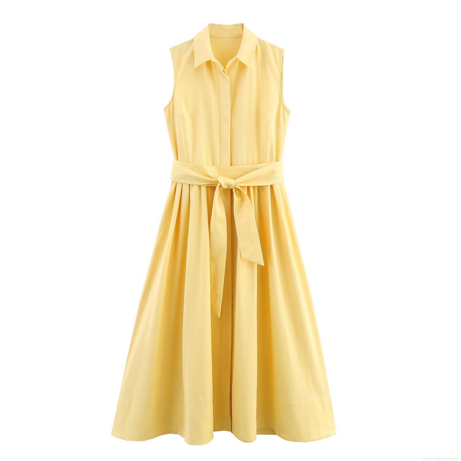 Women Elegant Yellow Sleeveless Shirt Dress With Detachable Belt Solid Color Polyester Maxi A-Line Dress For Summer Party Commute Formal Lady Streetwear