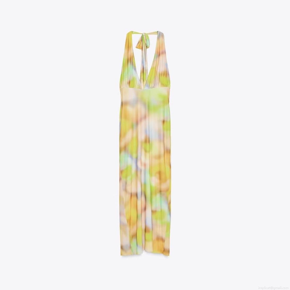 Women's Sexy Halter Backless Maxi Dress Abstract Printed Polyester Mesh V Neck Pleated Bohemian Summer Vacation Beach Party Long Dress