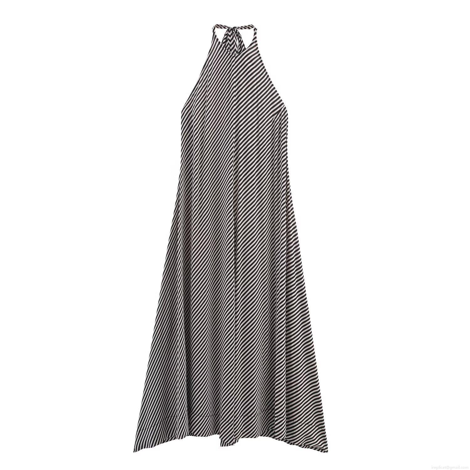 Women Halter Neck Maxi Dress Black and White Striped Satin Polyester Sleeveless A-Line Long Dress For Summer Party Evening Vacation Lady