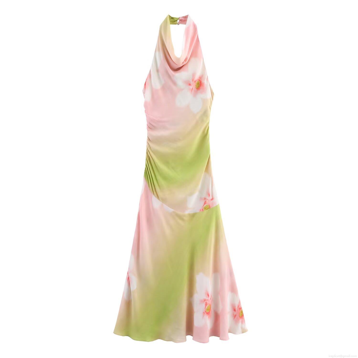 Elegant Women's Floral Print Halter Neck Maxi Dress Satin-Like Polyester Drape Neck Side Pleated Vacation Party Dress for Ladies Stylish Summer Sundress
