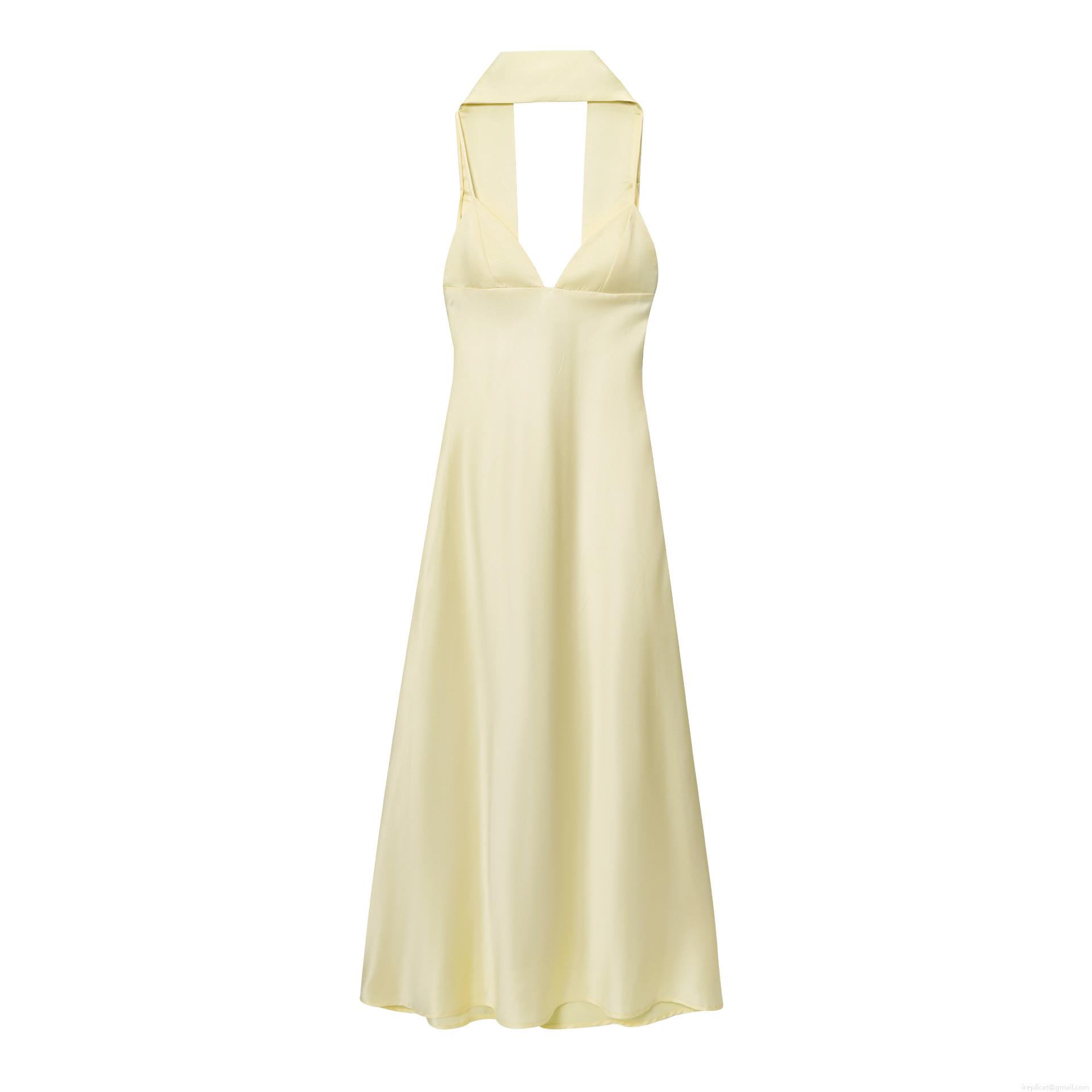 Women's Sexy Halter Neck Backless Satin Polyester Maxi Dress Elegant V-Neck Sleeveless Solid Color High Waist A-Line Long Party Dress for Vacation Evening Wedding