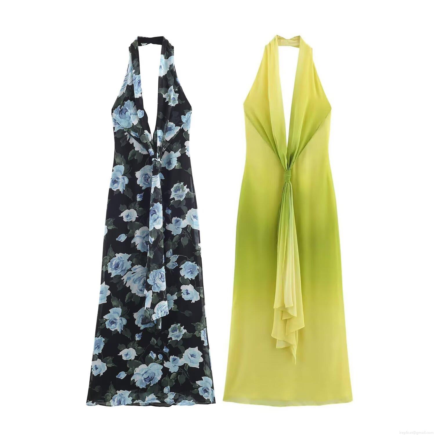 Women's Elegant Halter Neck Maxi Dress Sexy Backless Deep V Neck Knot Detail Satin Chiffon Floral Print Gradient Long Dress For Evening Party Summer Vacation