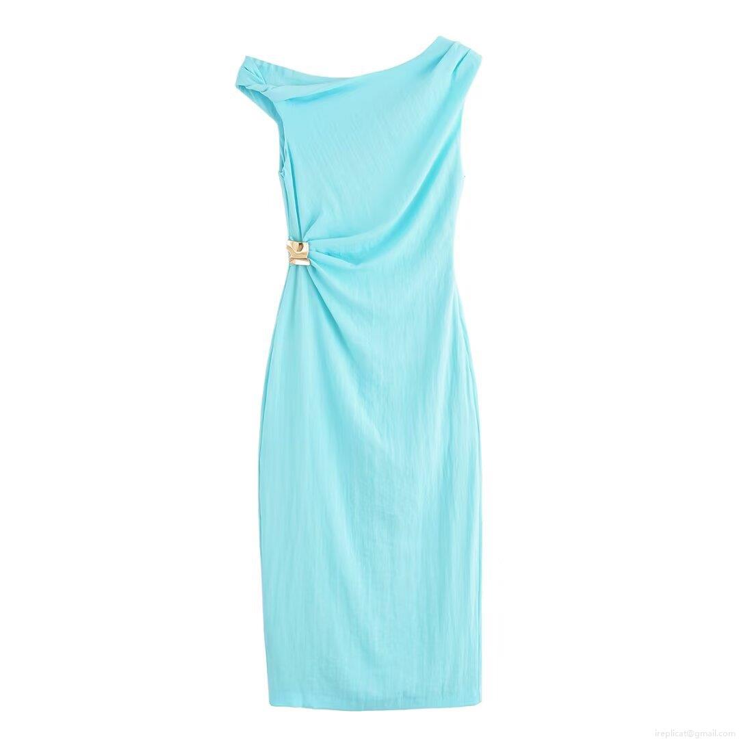 Women's One-Shoulder Maxi Dress Polyester Linen Texture With Metal Buckle Sleeveless Back Split Slim Fit Evening Party Wedding Celebrity Style Sky Blue Summer Dress