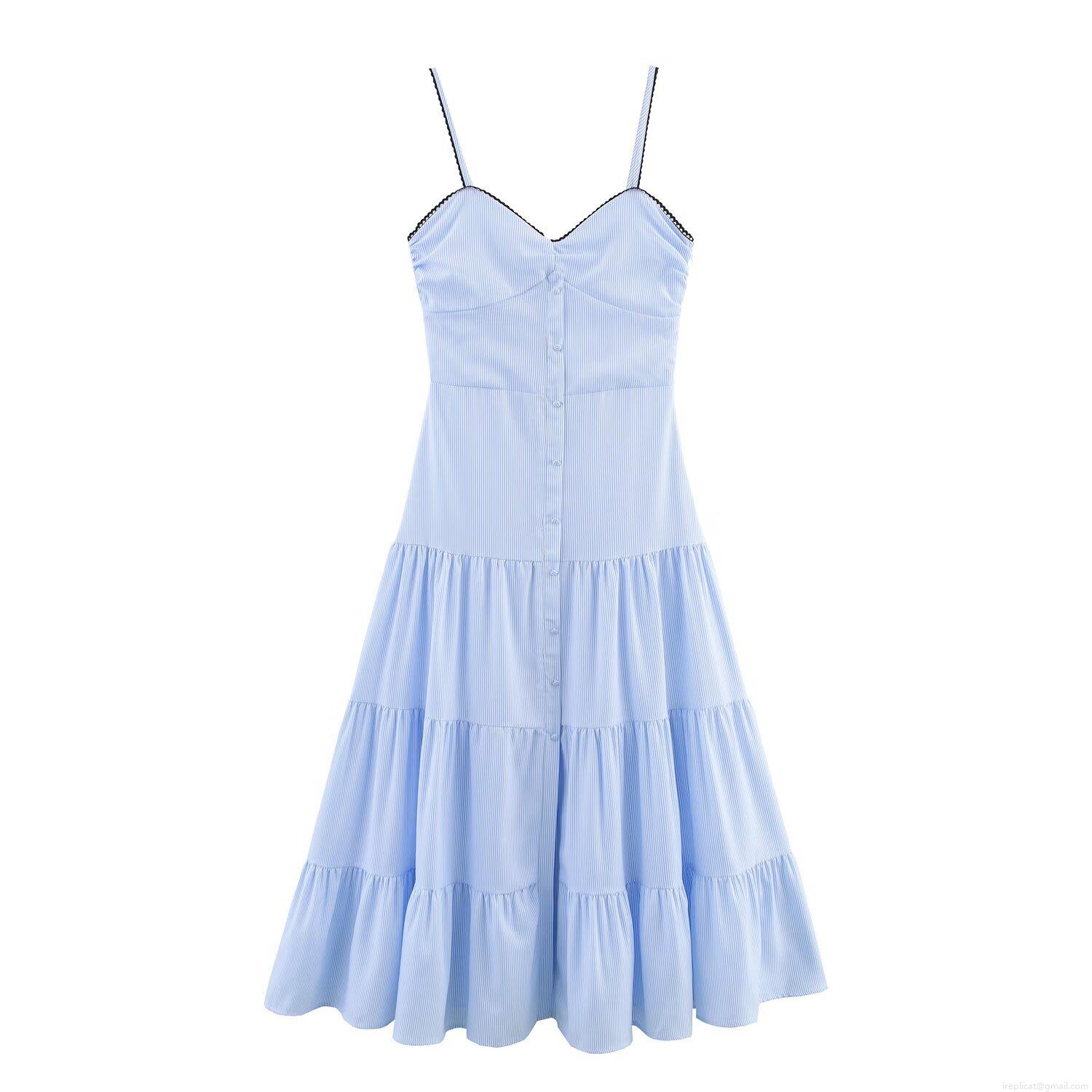 Women's Pinstripe Tiered Maxi Dress Light Blue White Striped Cami Dress with Black Lace Trim V Neck Backless Sleeveless Elegant Socialite Summer Long Dress
