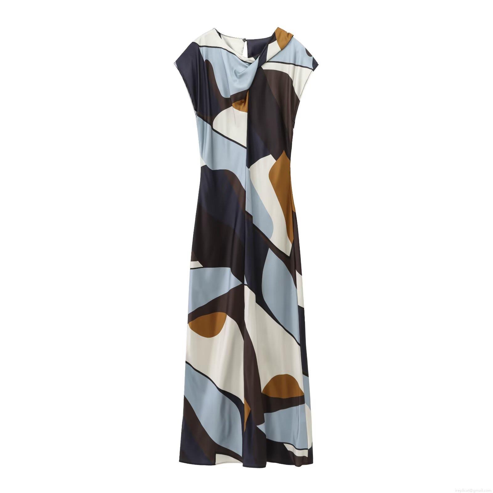 Women's Elegant Geometric Print Sleeveless Maxi Dress Polyester Satin Texture Patchwork Long Dress for Party Summer Vacation