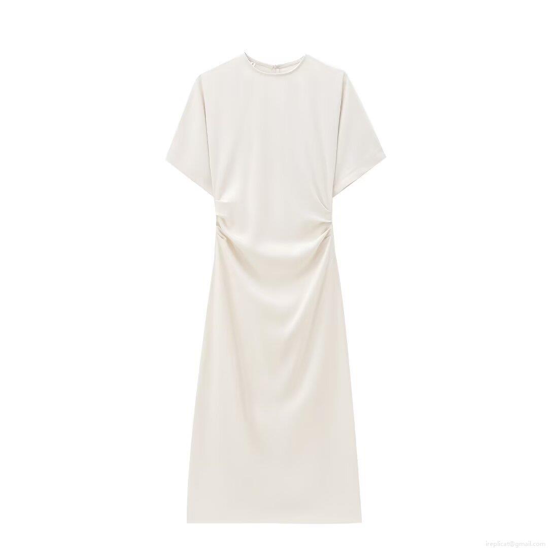 Elegant Women Pleated Bodycon Maxi Dress Short Sleeve Round Neck Slim Fit Evening Party Dating Dress With Back Zipper Slit Hem Polyester Cream White