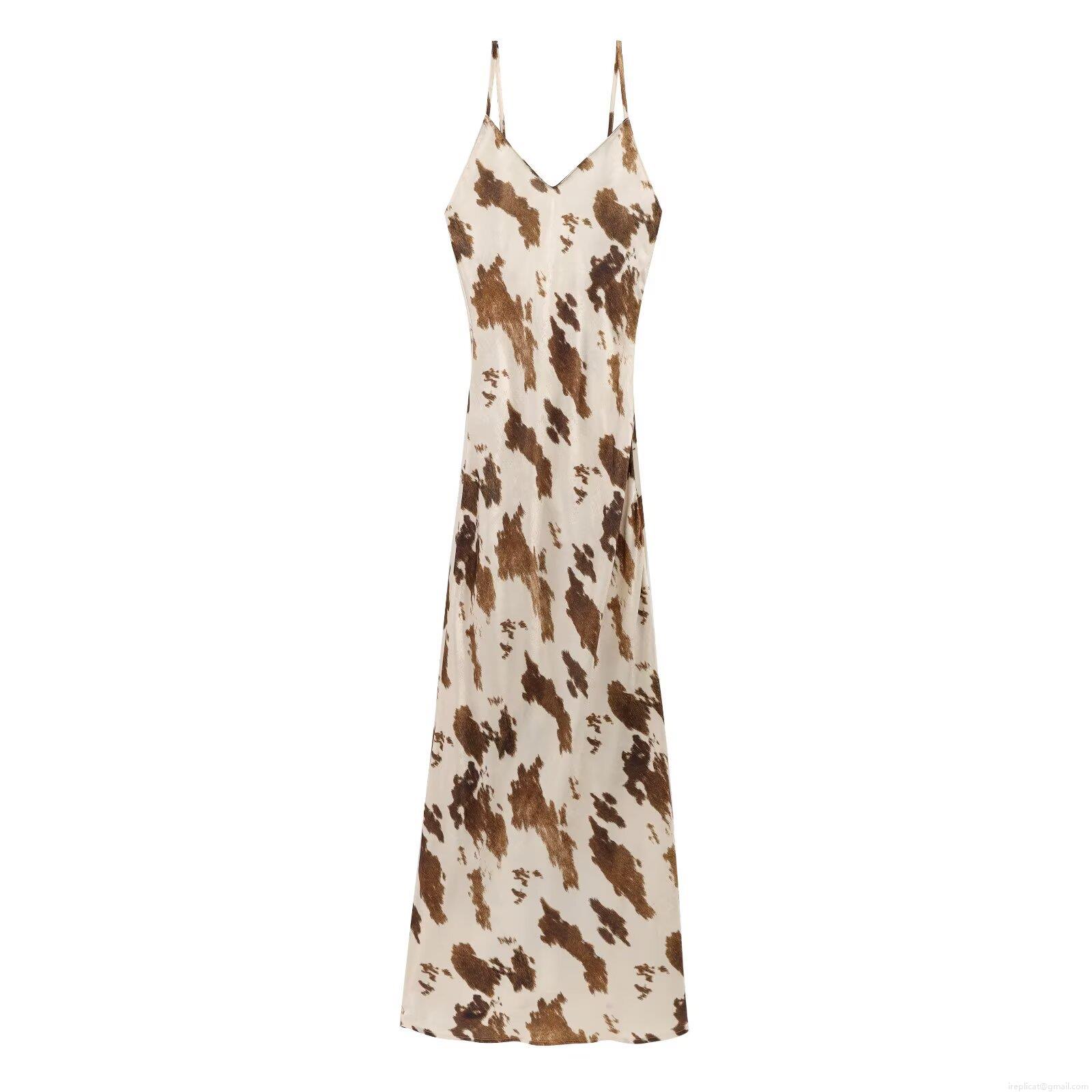 Women's Sexy Cow Print Satin Slip Midi Dress V-Neck Adjustable Straps Sleeveless Polyester Long Dress For Party Clubwear Elegant Brown Cow Pattern Dresses