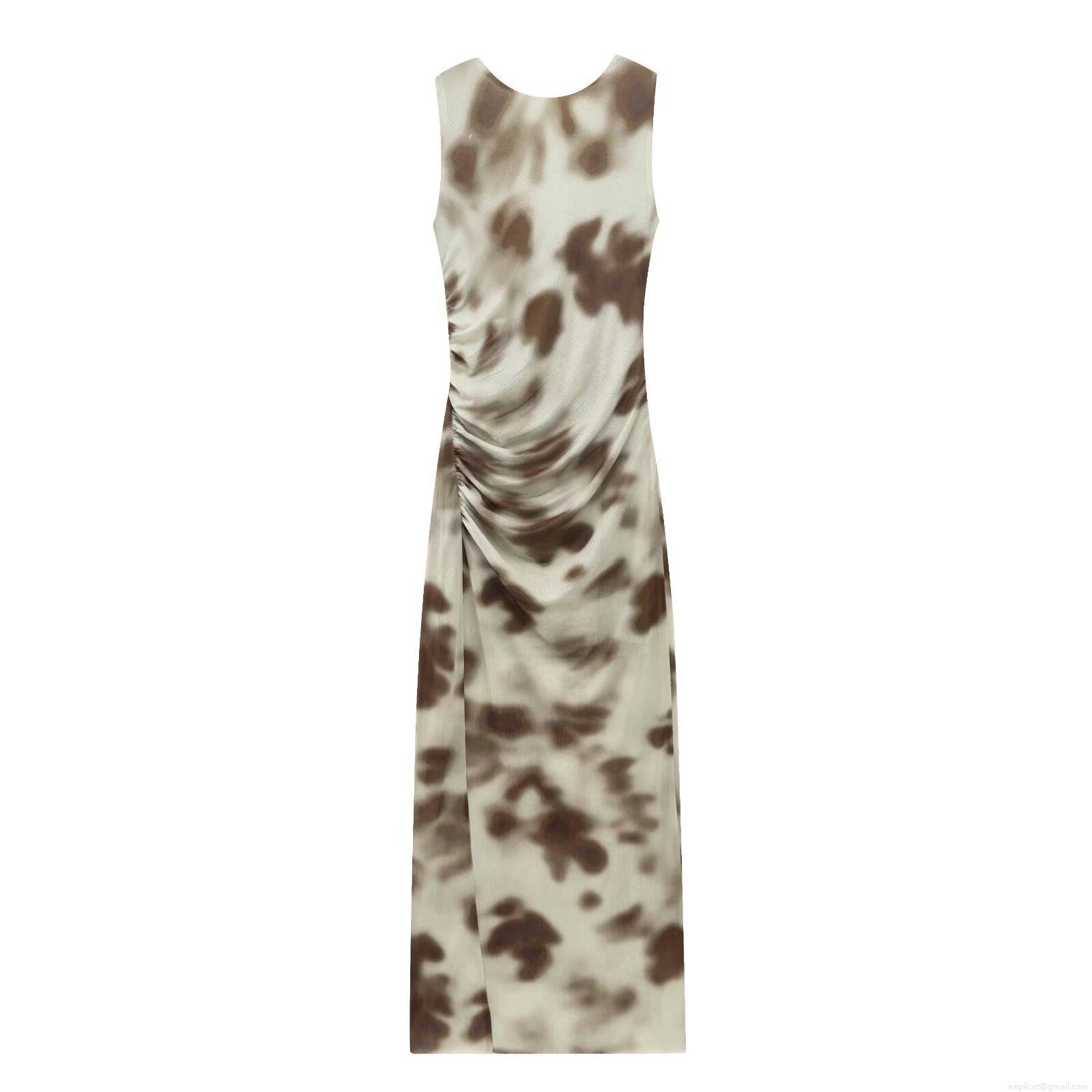 Women's Sexy Ruched Mesh Maxi Dress Sleeveless Abstract Marble Print Cut Out Bodycon Long Dress For Party Clubwear Elegant Sleeveless Printed Sundress
