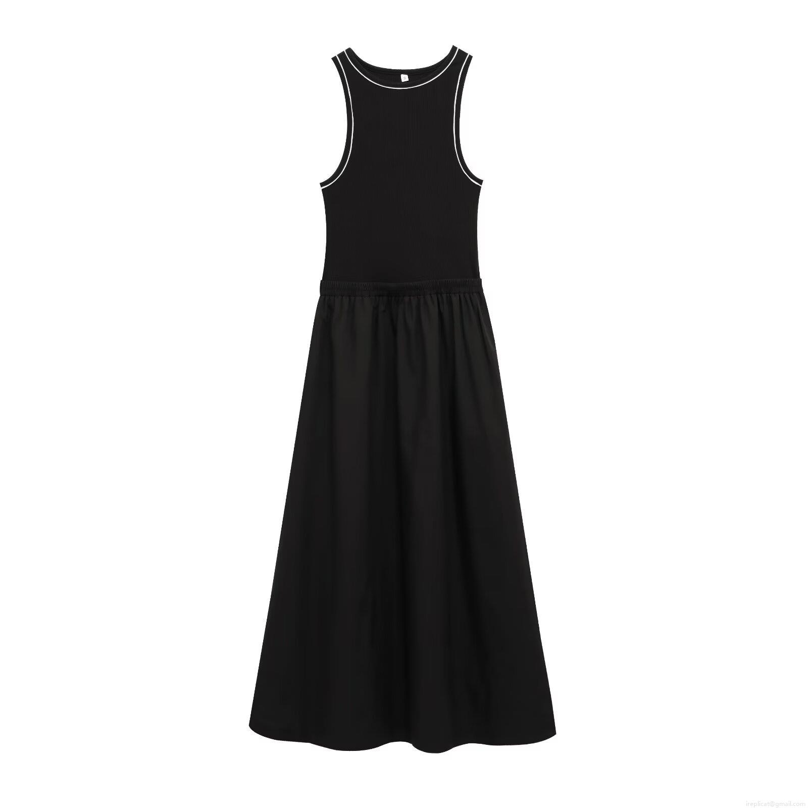 Women Elegant Ribbed Knit Patchwork Sleeveless Maxi Dress Slim Fit A-Line Long Dress With Contrast Piping For Party Daily Summer