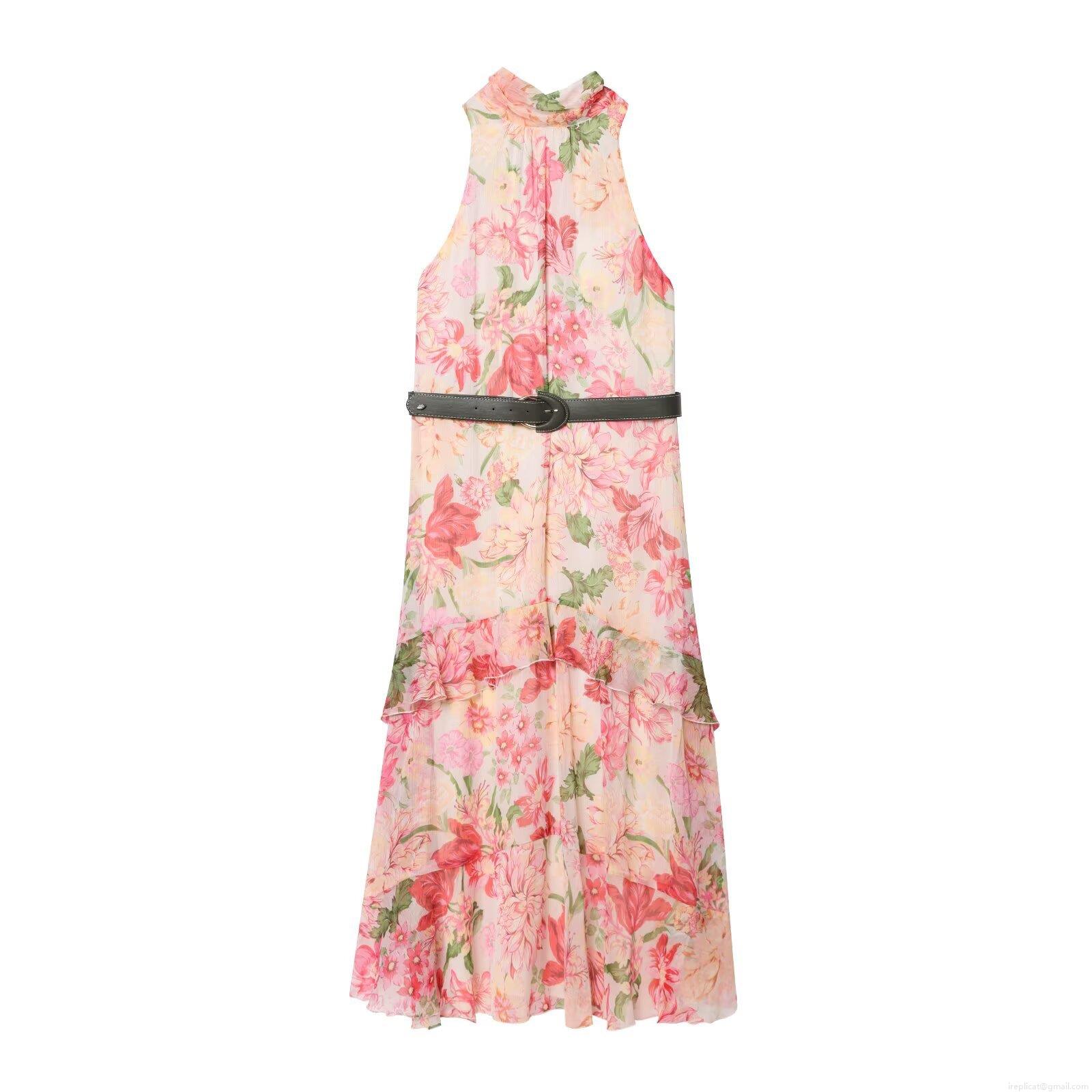 Women's Chiffon Halter Sleeveless Floral Printed Maxi Dress With Belt Tiered Layered Standing Collar Bow Tie Dress For Party Vacation
