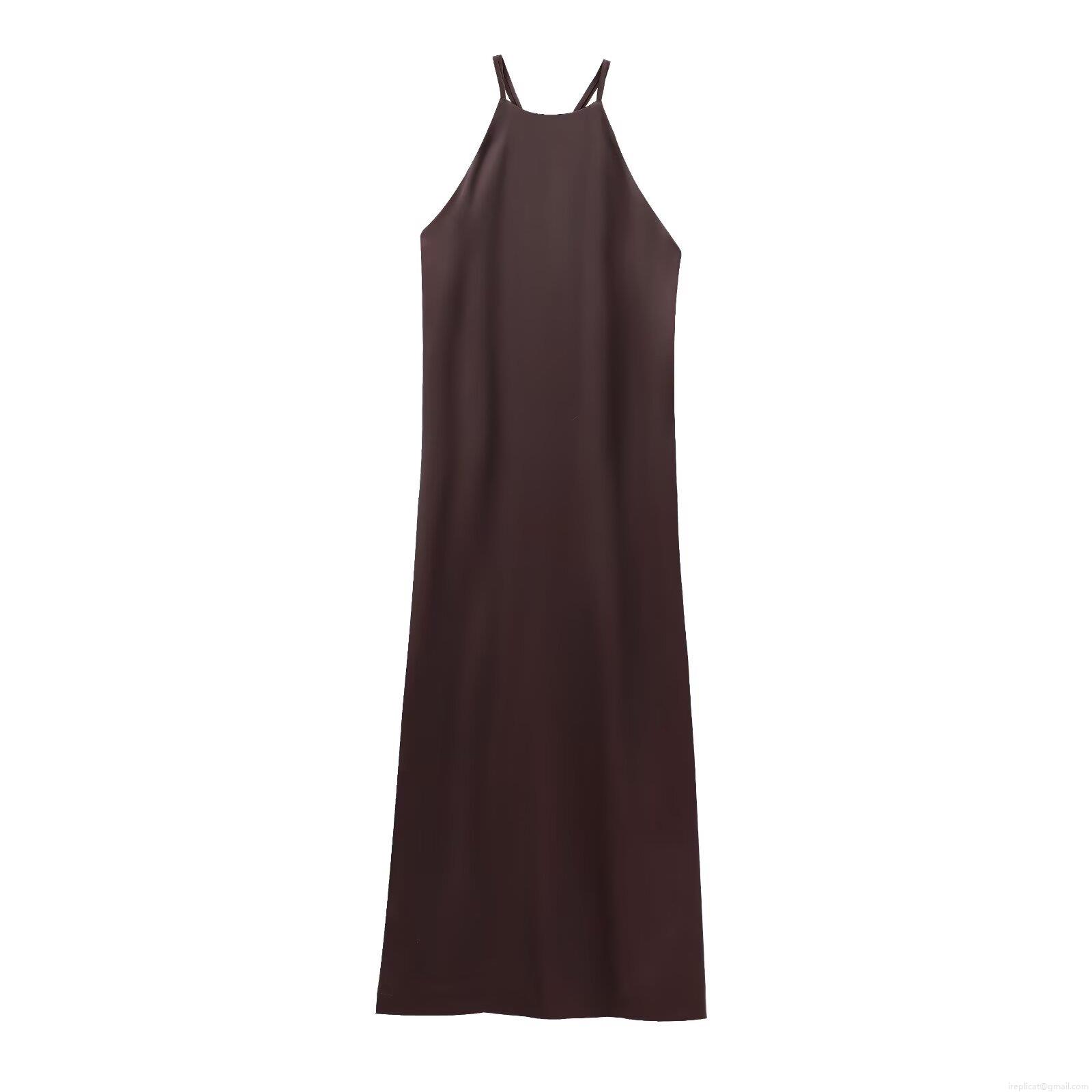 Women's Elegant Satin Halter Backless Maxi Dress With Metal Trim High Slit Sleeveless Evening Party Banquet Wedding Dress Solid Color Sexy Gown