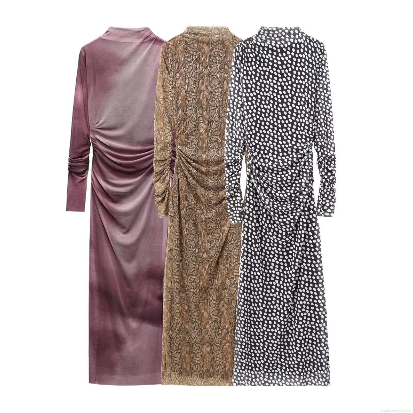 Women's Elegant Ruched Mesh Maxi Dress Long Sleeve Turtleneck Bodycon Party Dress With Gradient Polka Dot And Snake Skin Print Patterns