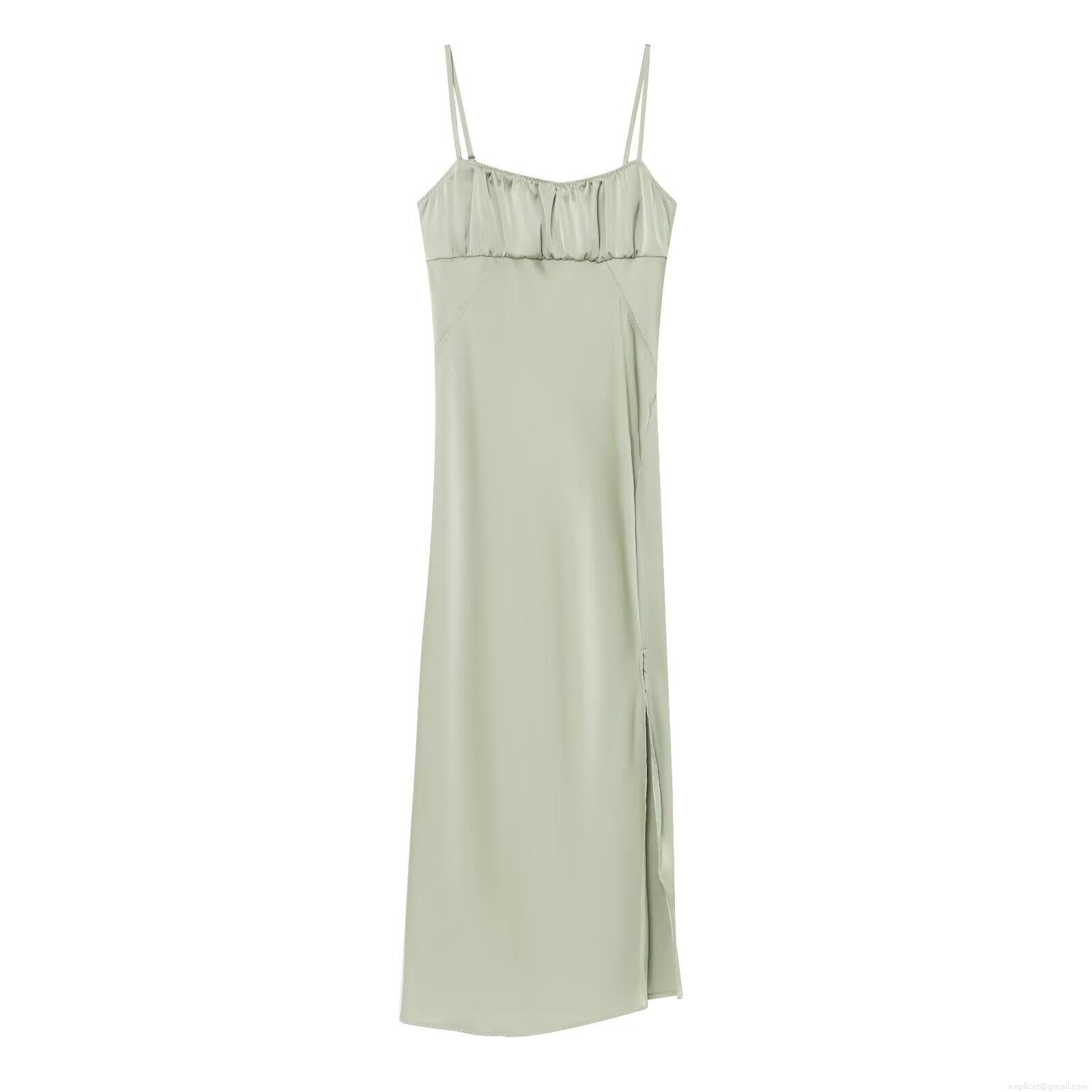 Women Cowl Neck Satin Slip Maxi Dress Acetate Side Slit Backless Elegant Slim Fit Long Dress For Evening Party Club Sage Green
