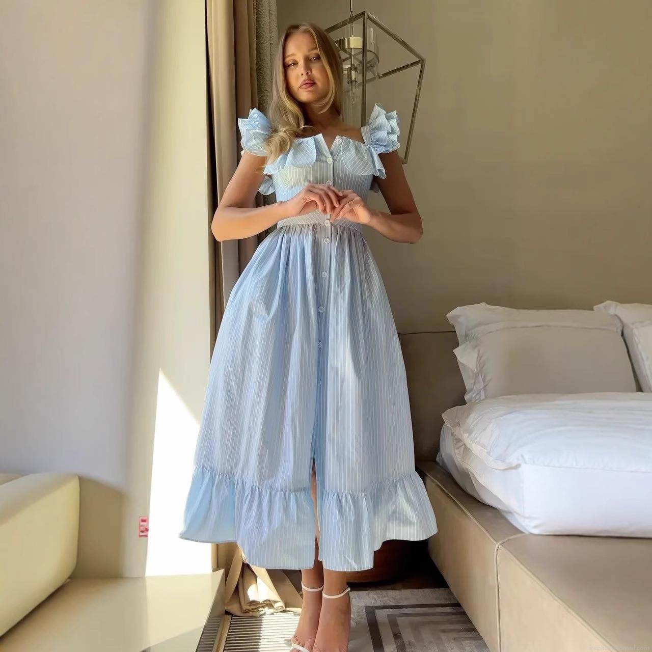 Women's Striped Ruffle Maxi Dress Elegant Single Breasted Waist Tie Sleeveless Polyester Summer Beach Party Sundress For Women