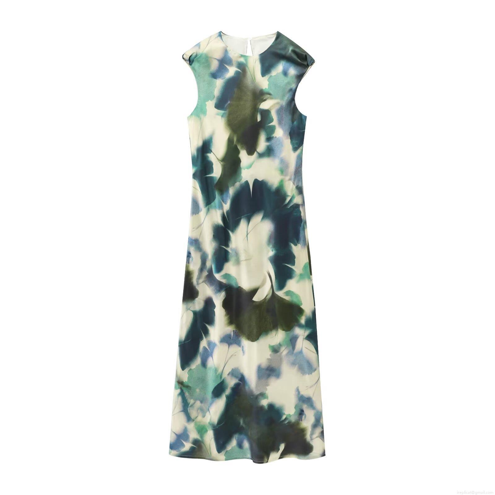 Elegant Sleeveless Maxi Dress For Women Abstract Ink Watercolor Print Silky Polyester Elastic Satin Slim Fit Long Dress For Party Club Vacation Summer Outfits