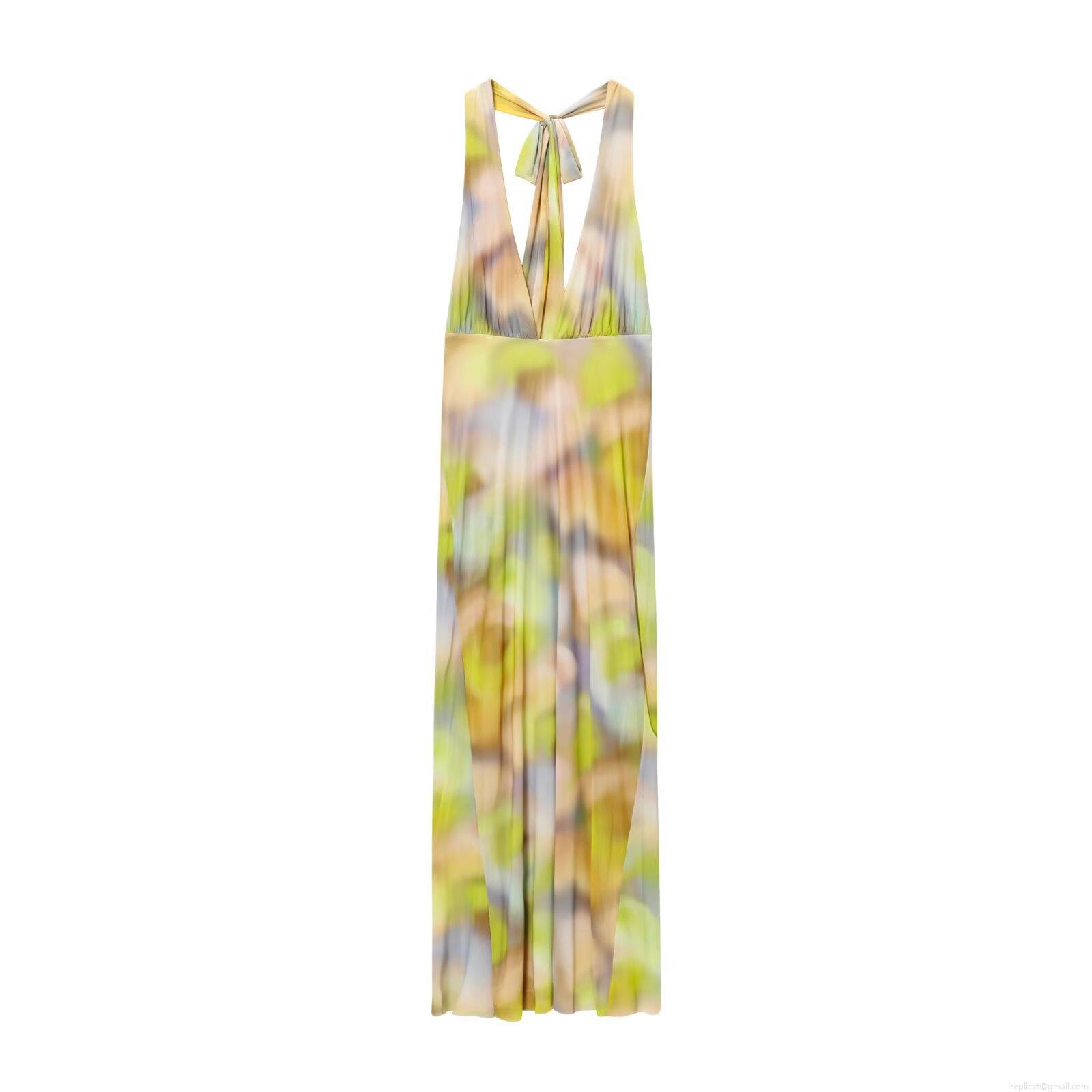 Women Halter Neck Maxi Dress Abstract Watercolor Print Mesh Tie-Up V-Neck Backless Long Midi Dress For Party Vacation Elegant Sexy Ladies Clothing