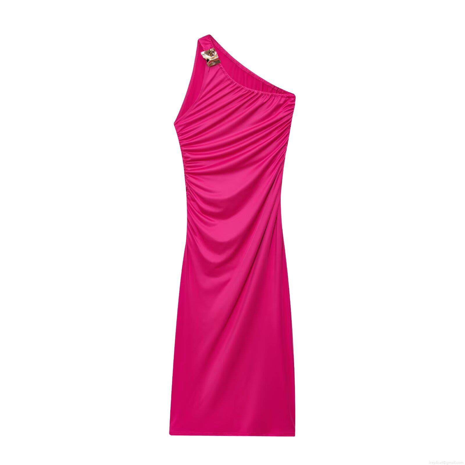 Women's Elegant One Shoulder Maxi Dress Sexy Ruched Side Bodycon Evening Party Dress With Gold Metal Buckle Asymmetrical Fuchsia Satin Finish Cocktail Banquet Gown