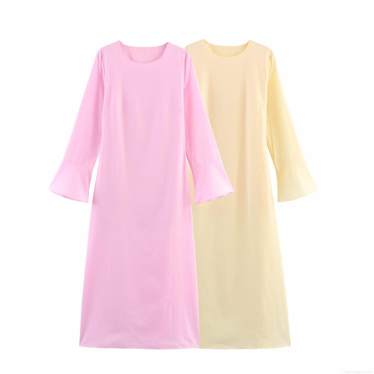 Elegant Solid Color Round Neck Bell Sleeve Maxi Dress With Waist Tie Polyester Long Sleeve Dresses For Women Party Vacation