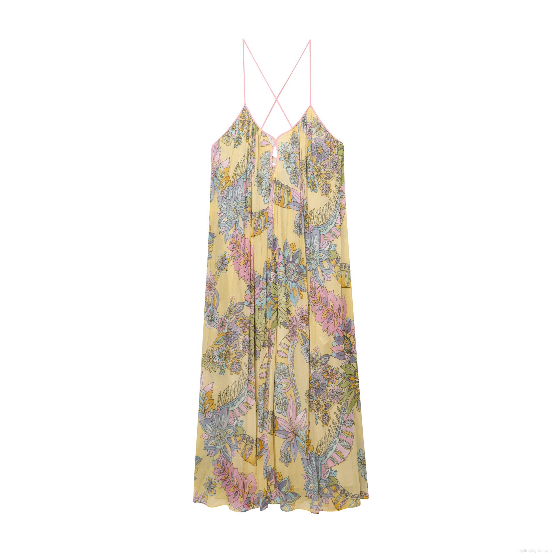 Bohemian Floral Print Camisole Maxi Dress Chiffon V Neck Backless Cross Strap Summer Beach Vacation Dress For Women