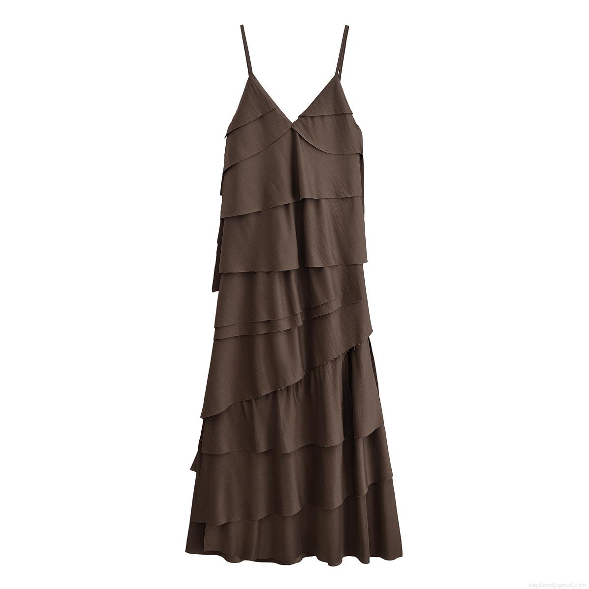 Women Tiered Maxi Dress Polyester Sleeveless V-Neck Cami Sling Long Dress For Summer Vacation Elegant Solid Color Layered Ruffle Cake Skirt Ladies Clothing