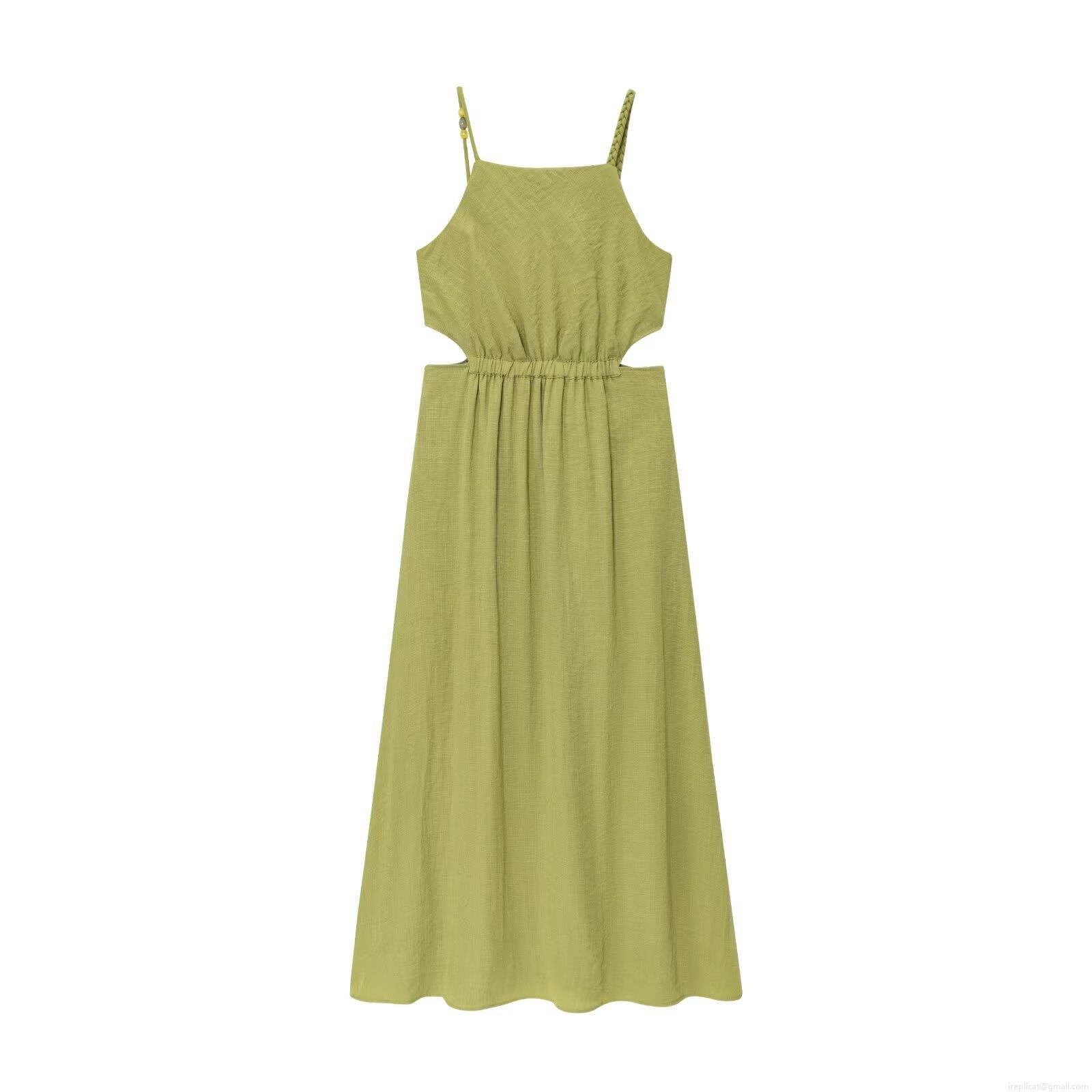 Women's Elegant Solid Matcha Green Maxi Dress Halter Spaghetti Strap Waist Cutout Pleated Imitation Linen Dress For Summer Vacation Beach Party