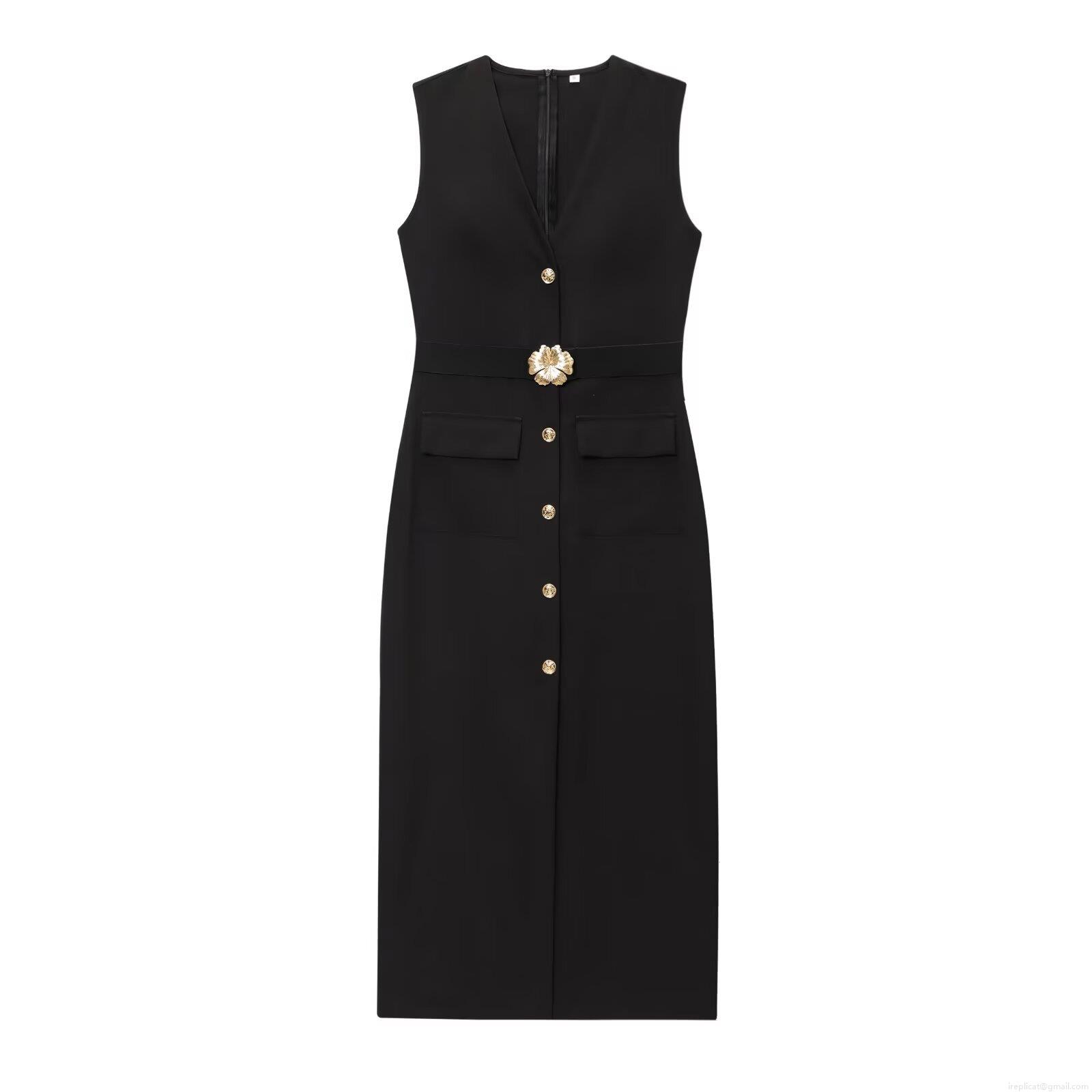 Women's Sleeveless V-Neck Maxi Dress With Gold Flower Buckle Belt And Lion Head Buttons Elegant Black Crepe Slim Fit Long Party Cocktail Dresses