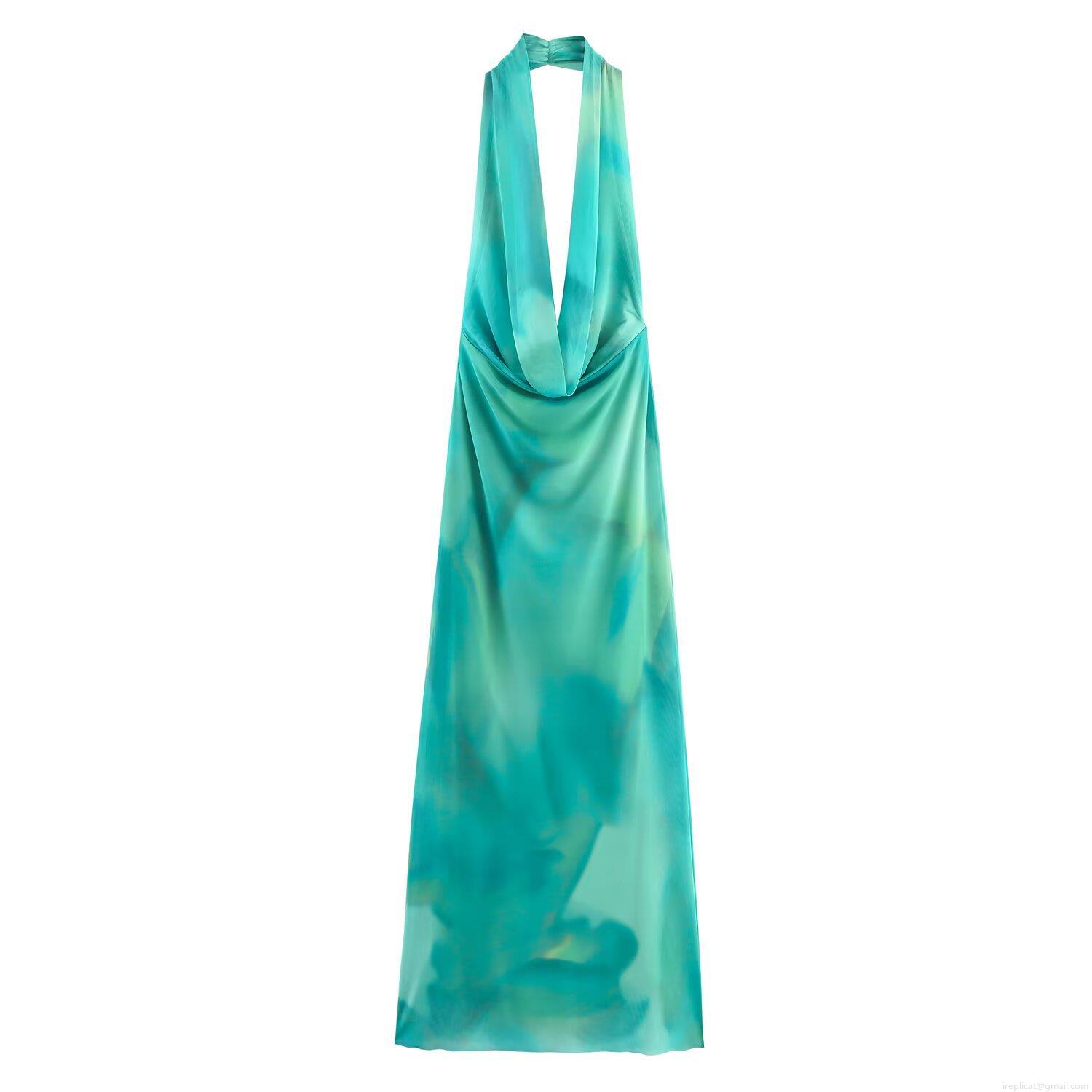 Elegant Women's Gradient Print Mesh Halter Maxi Dress Sexy V-Neck Backless Sleeveless Slim Fit Long Evening Party Dress