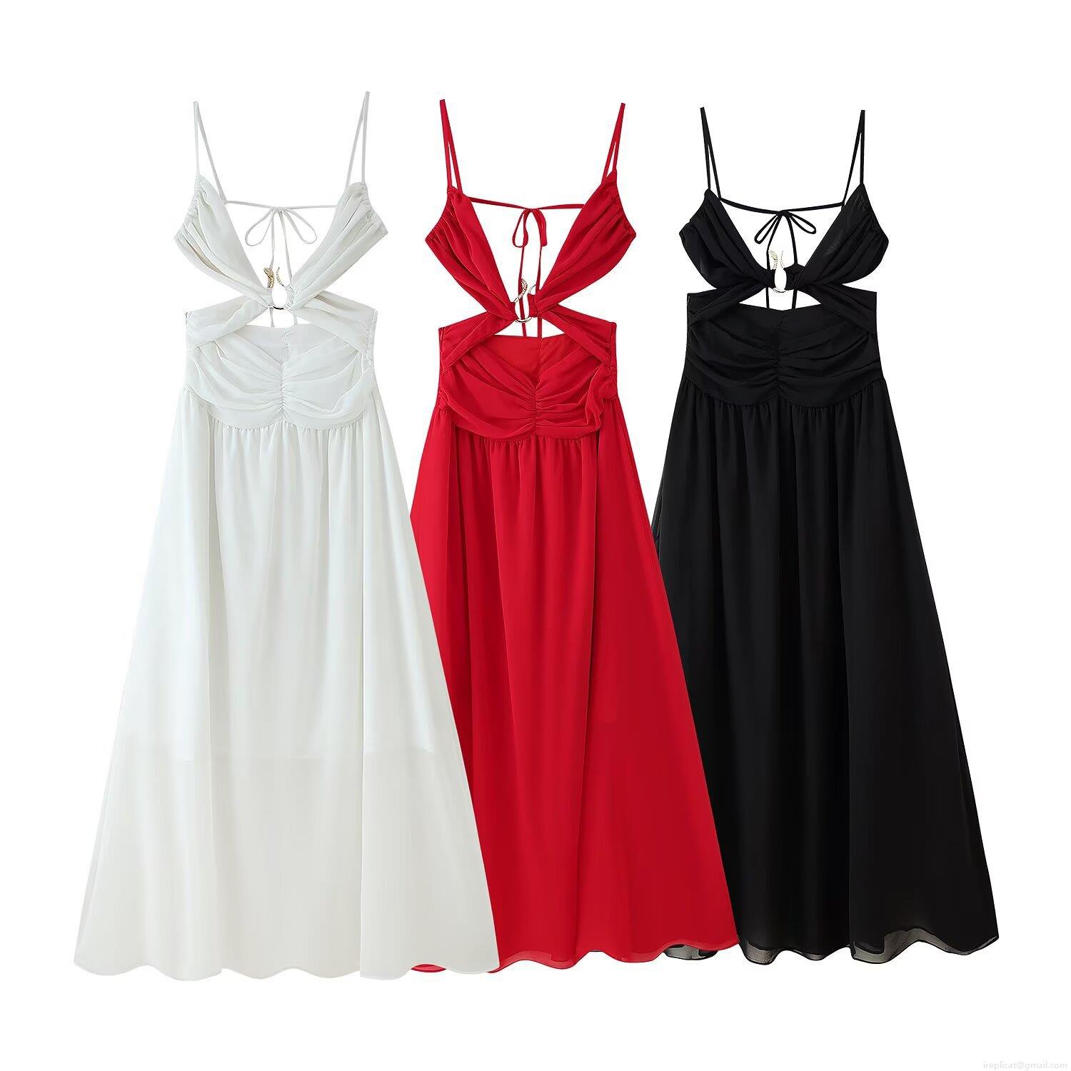 Women Backless Maxi Dress Elegant Polyester V Neck Hollow Out Waist Long Dress With Gold Ring Sexy Retro Cross Lace Up Suspender Party Vacation Summer Dress