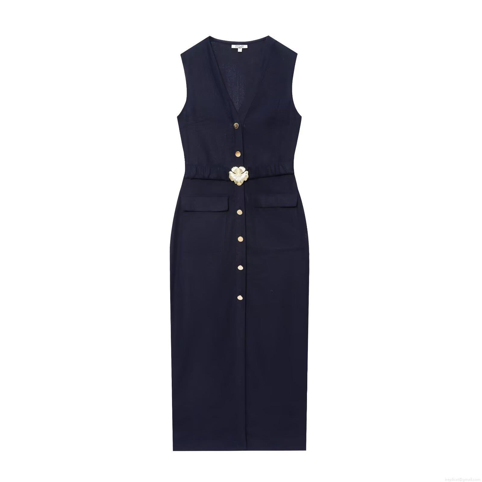 Women's Elegant Sleeveless V Neck Maxi Dress With Gold Flower Buckle Belt Polyester Linen Blend Solid Color Slim Fit Evening Party Banquet Gown