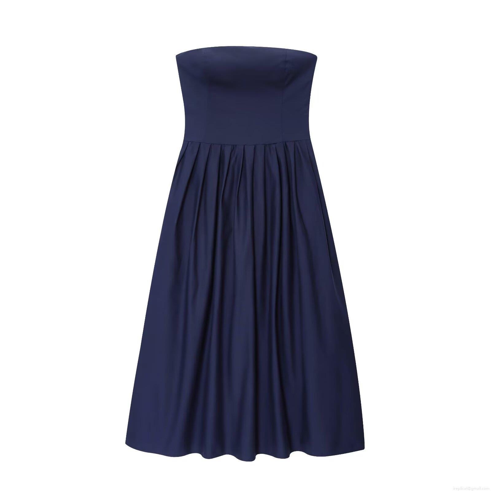 Elegant Strapless Pleated Maxi Dress For Women Solid Color Polyester Cotton Blend Party Evening Dress Navy Blue Tube Top A-Line Long Dress