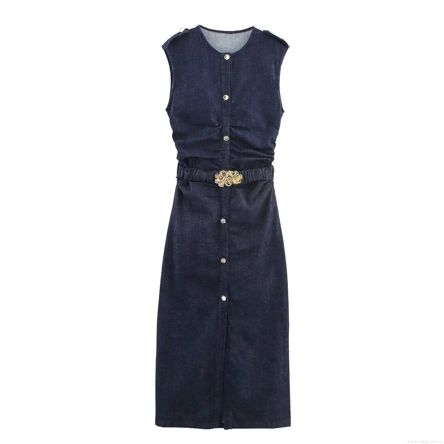 Elegant Deep Blue Denim Midi Dress With Golden Flower Waist Belt Buckle V Neck Sleeveless Single Breasted Pleated Evening Party Maxi Dress For Women