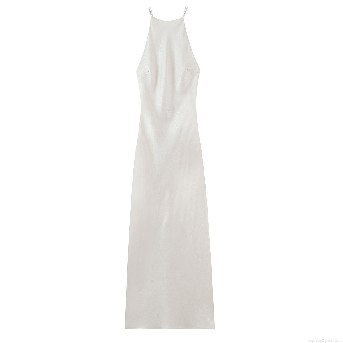 Women's Elegant Backless Satin Maxi Dress Luxury Pearl White Halter Neck Cross Straps Sleeveless Silk Texture Party Evening Long Dress For Ladies