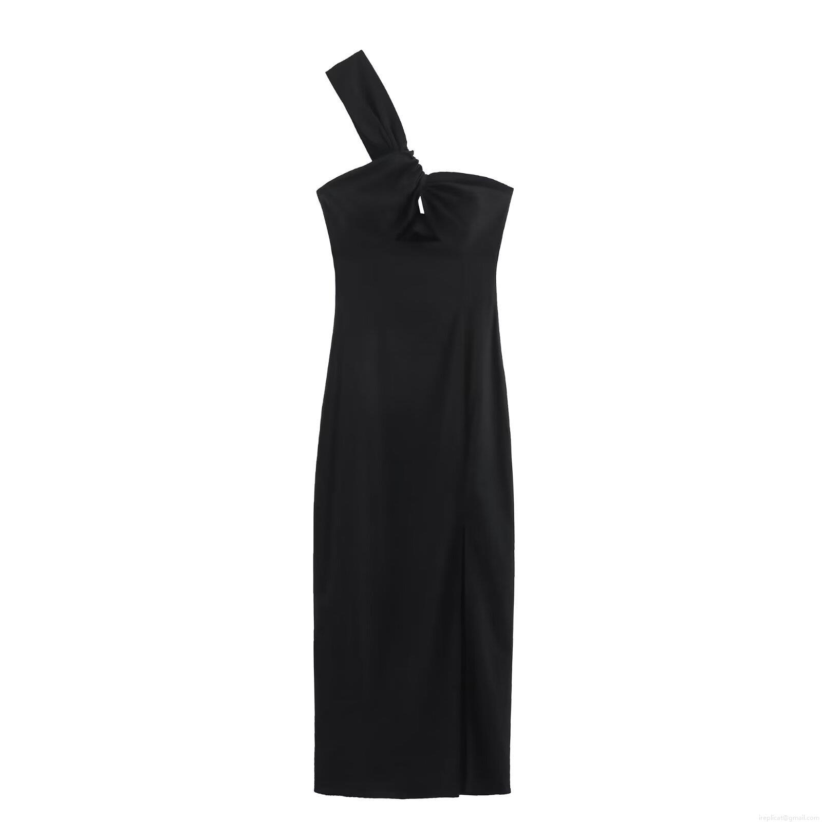 Women's Elegant One Shoulder Asymmetric Maxi Dress Sexy Knot Front Cutout Side Split Hem Slim Fit Polyester Evening Party Long Gown