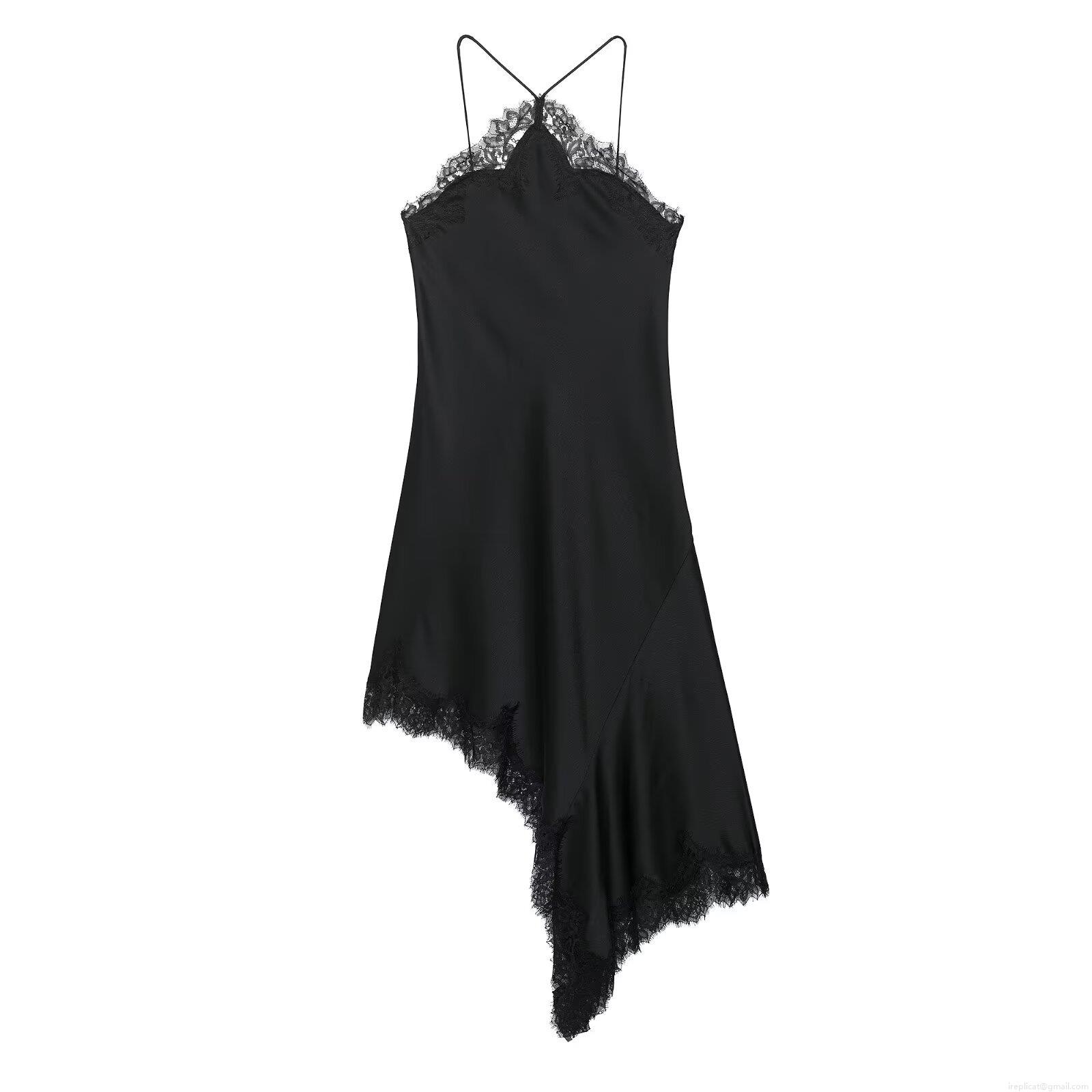 Elegant Women Halter Neck Lace Trim Satin Maxi Dress Sexy Sleeveless Backless Asymmetric Hem Bodycon Party Evening Slip Dress