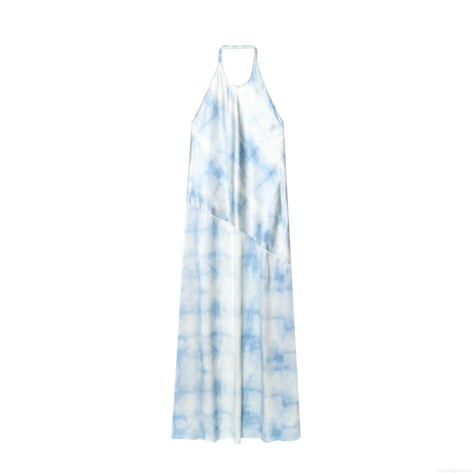 Women Halter Neck Maxi Dress Tie Dye Marble Print Satin Sleeveless Backless Summer Vacation Long Dress Elegant Party Wear For Ladies
