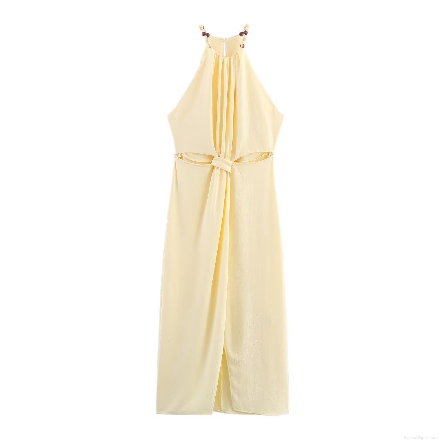 Women's Sexy Halter Neck Maxi Dress Twist Front Cutout Sleeveless Summer Vacation Resort Dress With Beaded Strap Elegant Solid Color Long Sun Dress