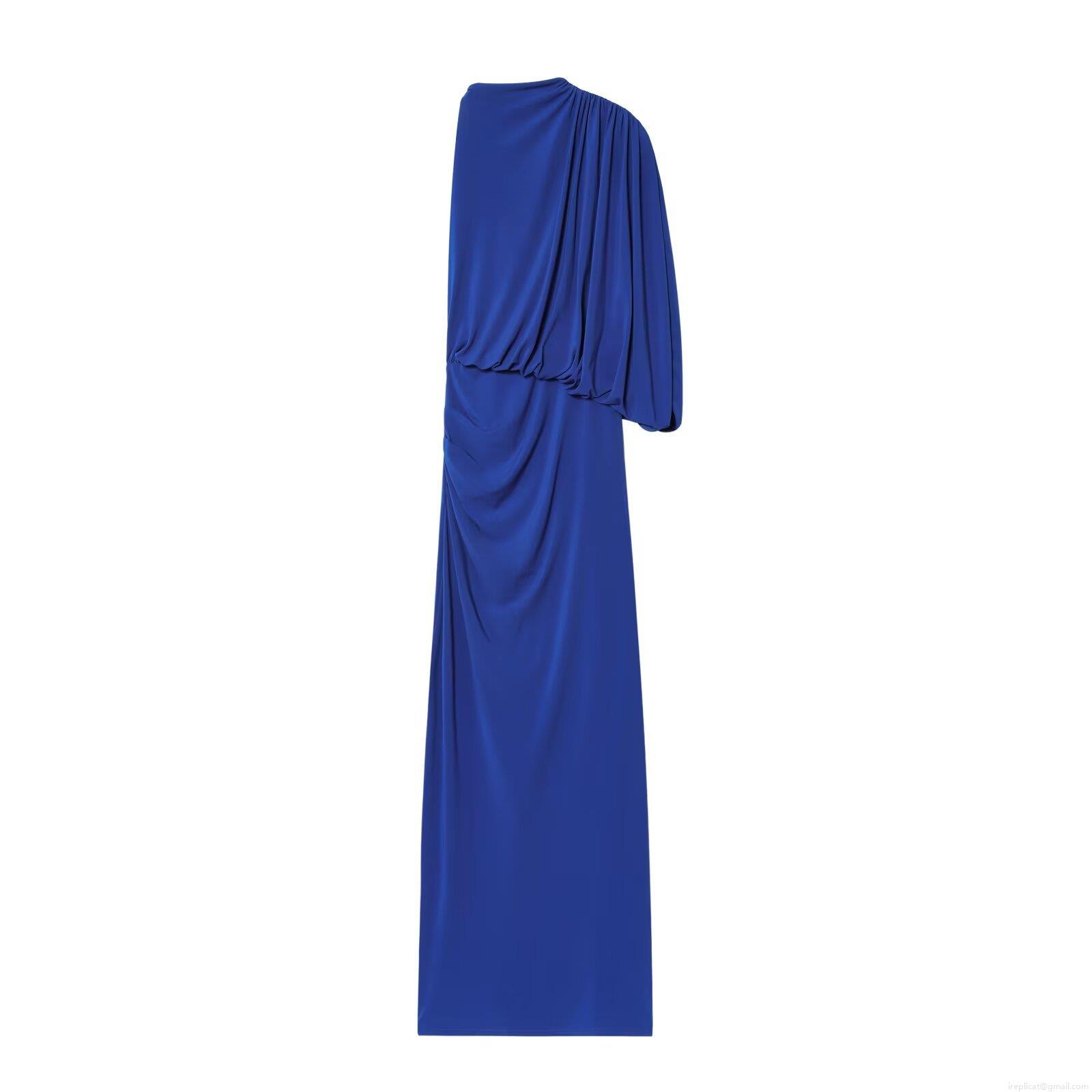 Women's Elegant One Shoulder Solid Color Maxi Dress Polyester Draped Evening Party Dress Slim Fit Socialite Style Formal Long Gown