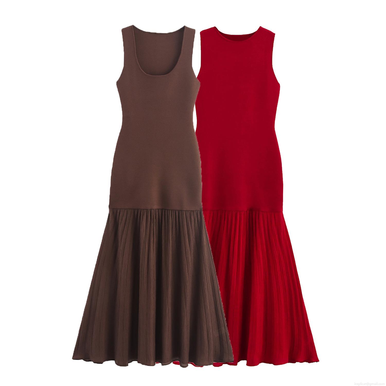 Women Sleeveless Knit Patchwork Maxi Dress Polyester U-Neck Slim Fit Pleated Hem Long Dress For Party Evening Elegant Celebrity Style