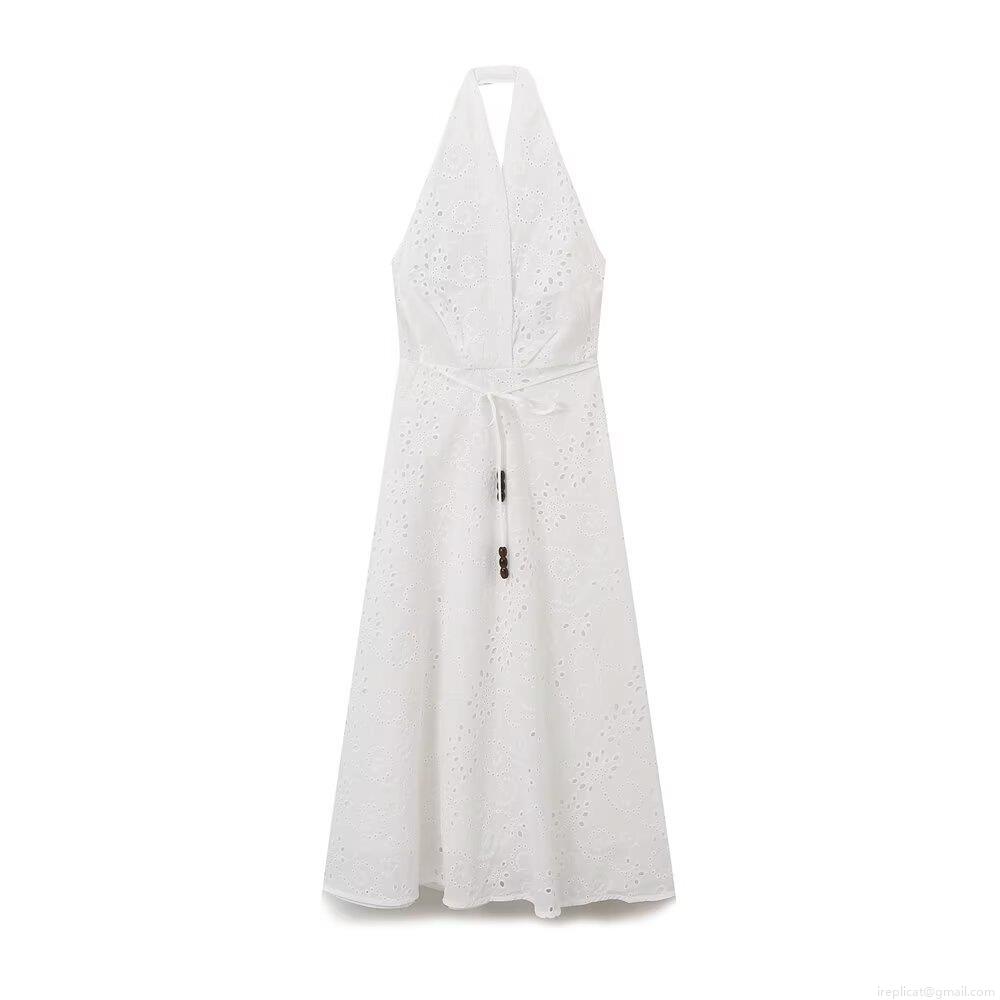 Women's Sexy Halter Backless Maxi Dress Elegant Cotton Blend Hollow Out Embroidery Dress With Wooden Beads V-Neck A-Line Summer Vacation Beach Dress