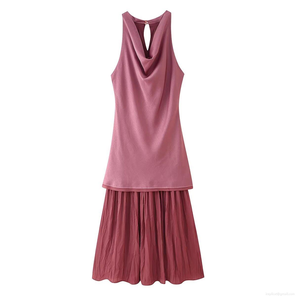 Elegant Women Draped Neck Halter Maxi Dress Satin Patchwork Pleated Slim Fit Sleeveless Evening Party Wedding Guest Long Dress Backless Sexy Gown
