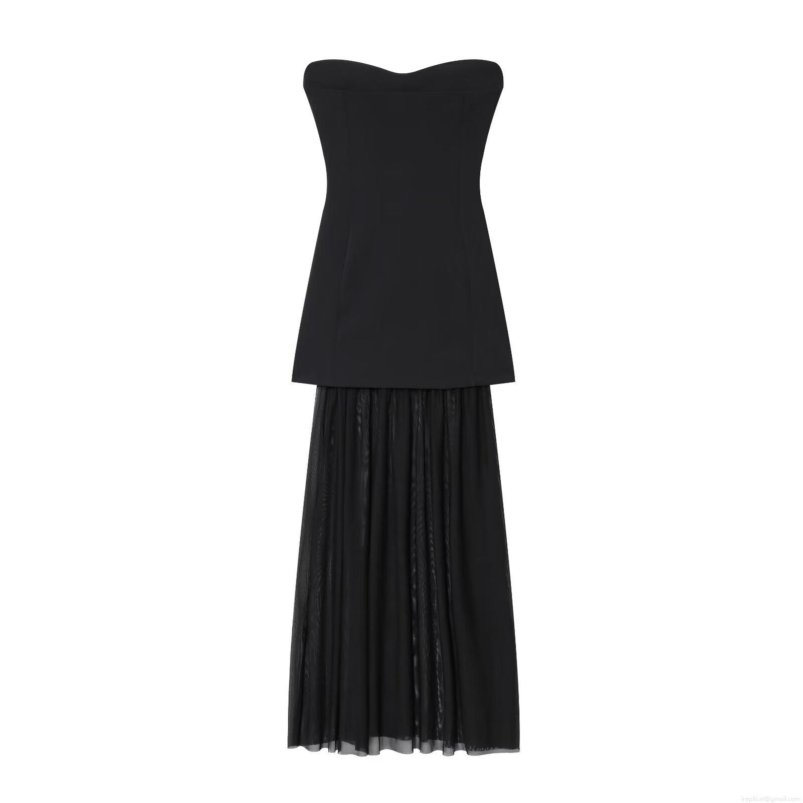 Women's Elegant Black Tube Top Patchwork Maxi Dress Sweetheart Neckline Mesh Spliced Long Dress For Party Evening Formal Event Clubwear