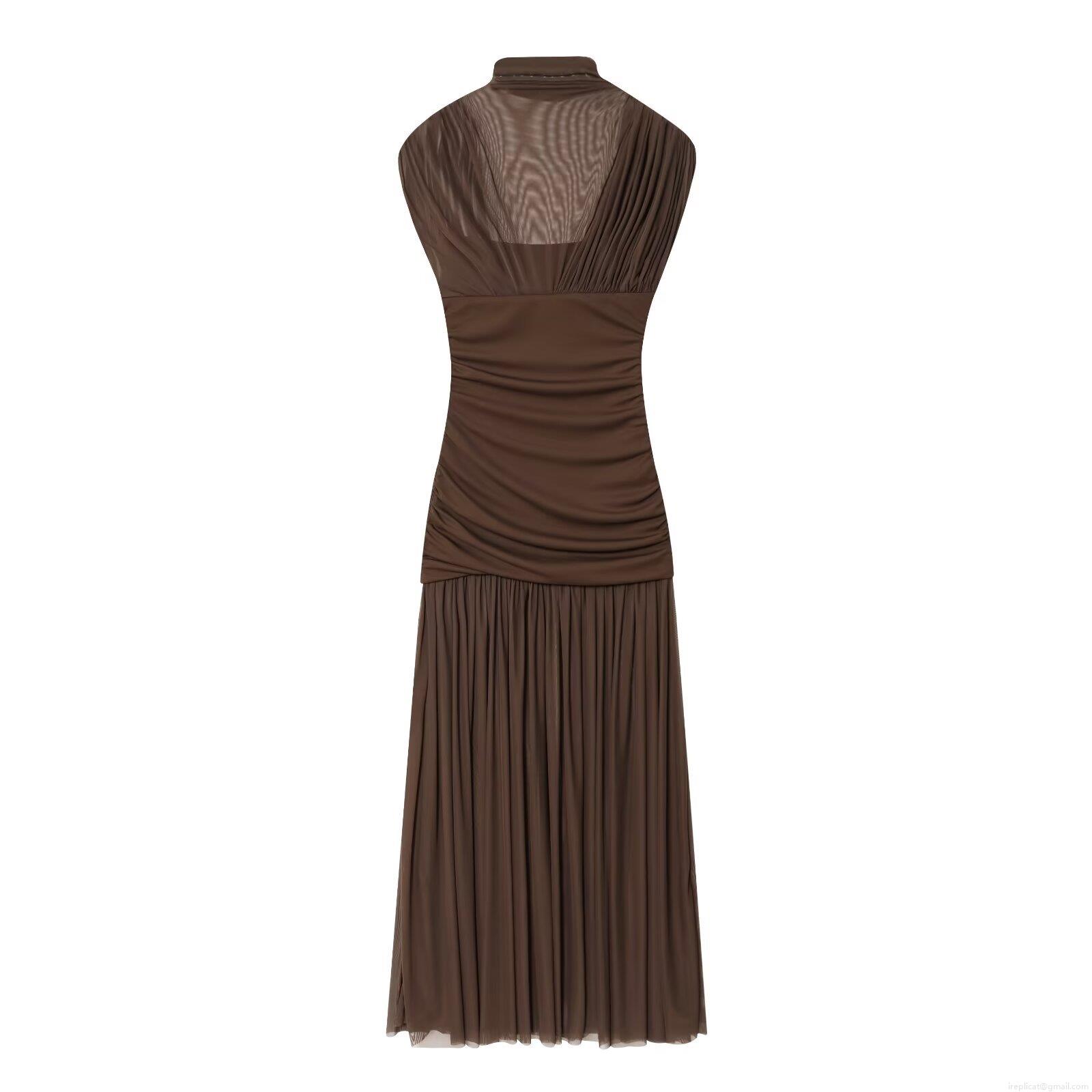 Women Elegant Coffee Mesh Splicing Ruched Maxi Dress Sleeveless Mock Neck Slim Fit Pleated Bodycon Long Dress For Party Club Night Out Summer Clothing