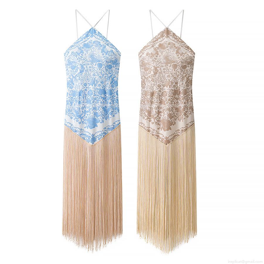 Women Halter V-Neck Floral Print Maxi Dress With Long Tassels Satin Bohemian Elegant Backless Party Vacation Summer Sleeveless Long Gown