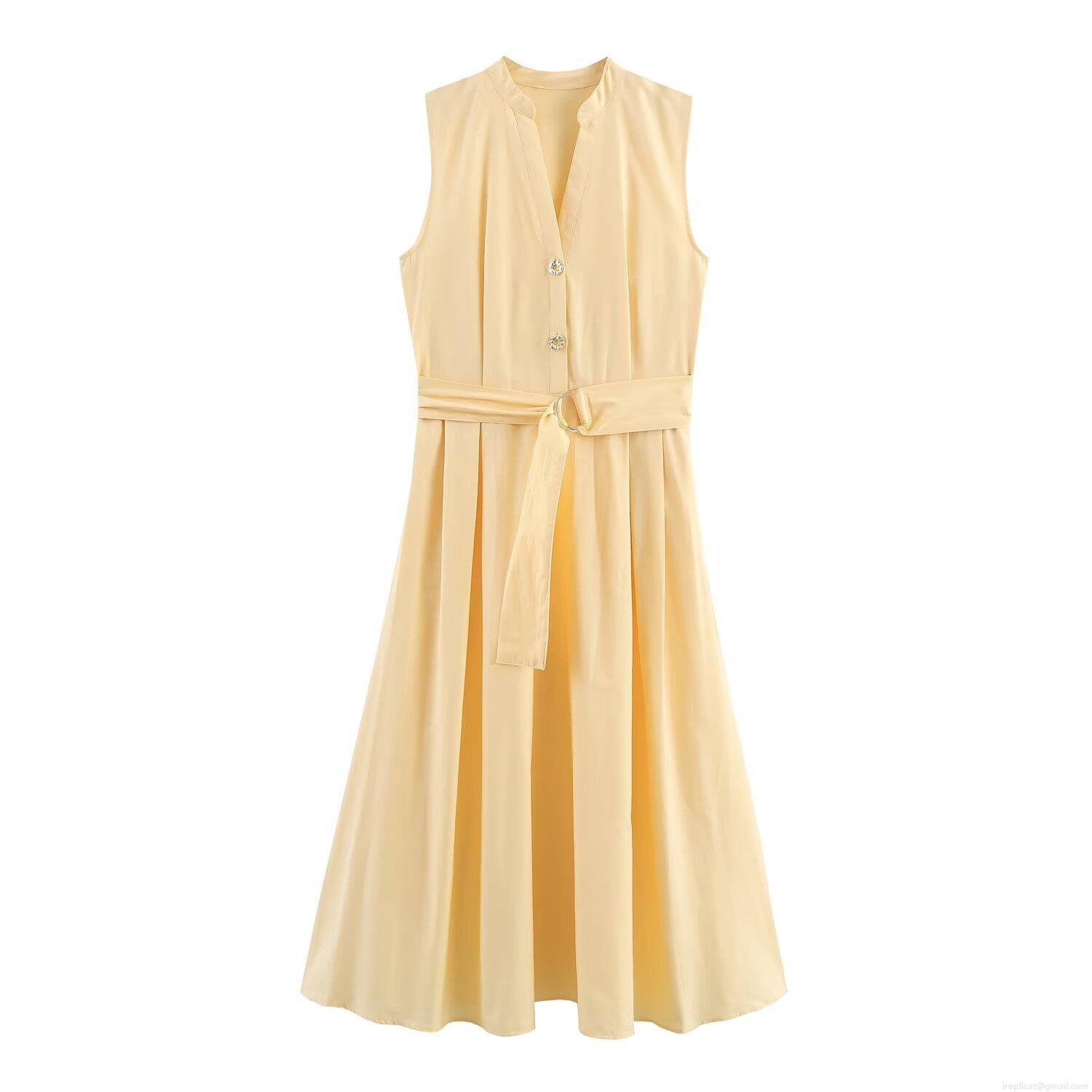 Women's Sleeveless V-Neck Maxi Dress Elegant Pleated Poplin Long Dress With Belt Pale Yellow Slim Fit Single Breasted Party Gown For Lady Summer Vacation
