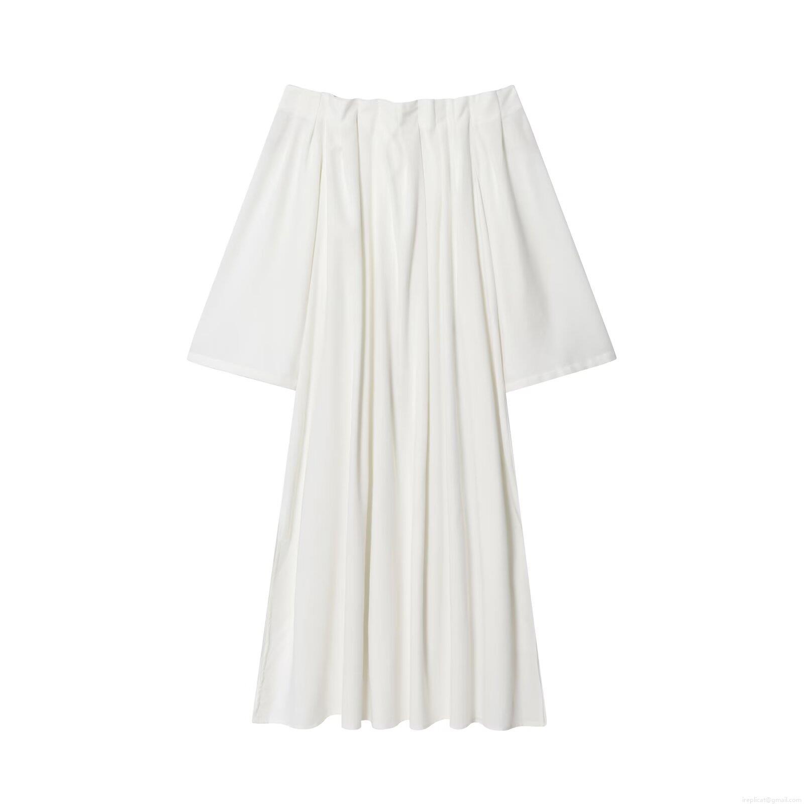 Women Elegant Off Shoulder Pleated Maxi Dress Solid White Polyester Fairy Style Flare Sleeve Long Dress For Party Vacation Beach