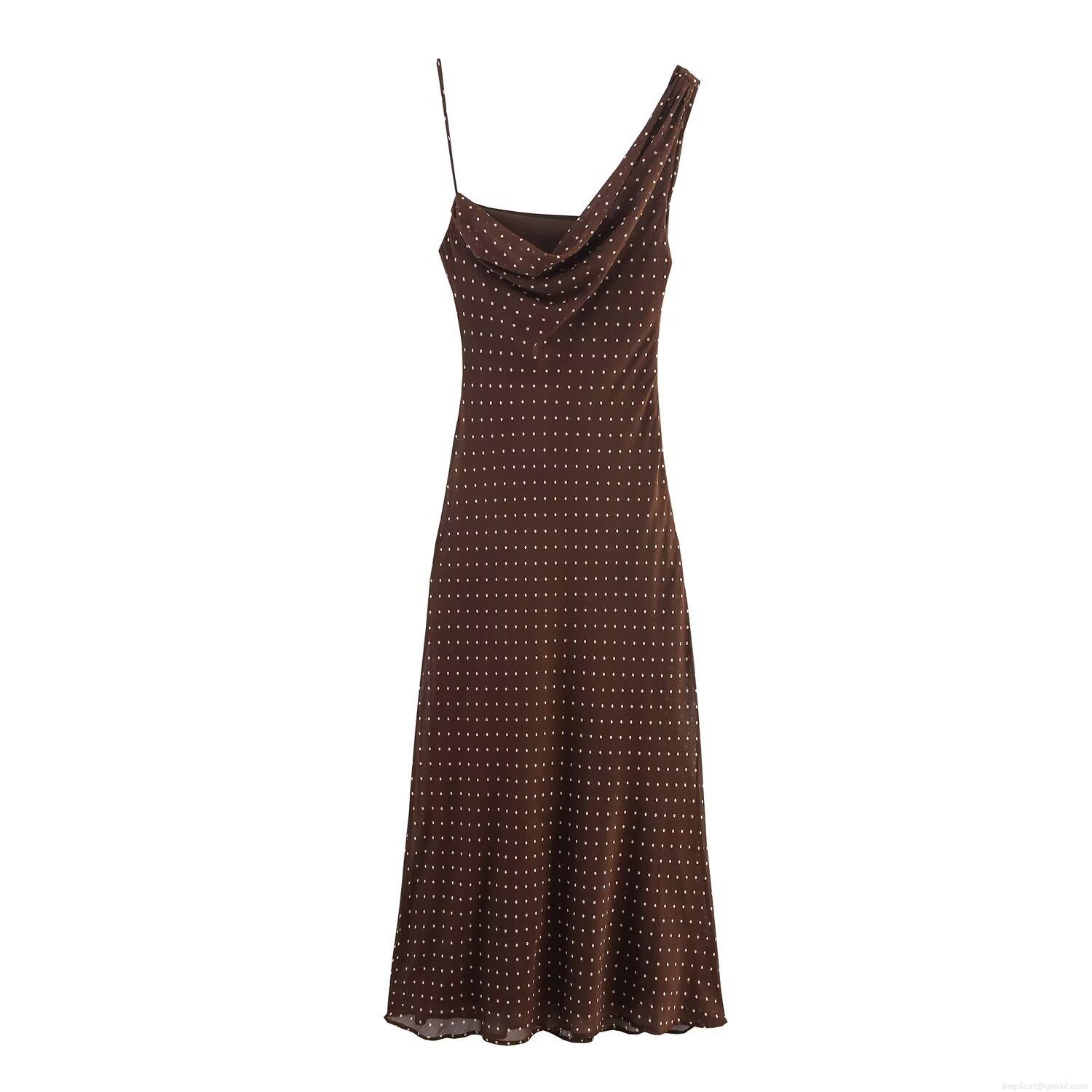 Elegant Vintage Polka Dot Maxi Dress For Women One Shoulder Sleeveless Chiffon Draped Neck Evening Party Club Slim Fit Long Dress