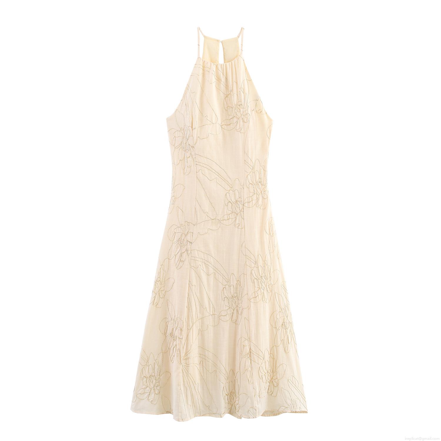 Elegant Flower Embroidery Halter Neck Maxi Dress For Women Resort Style Sleeveless A-Line Cotton Blend Off-White Long Summer Beach Holiday Dress