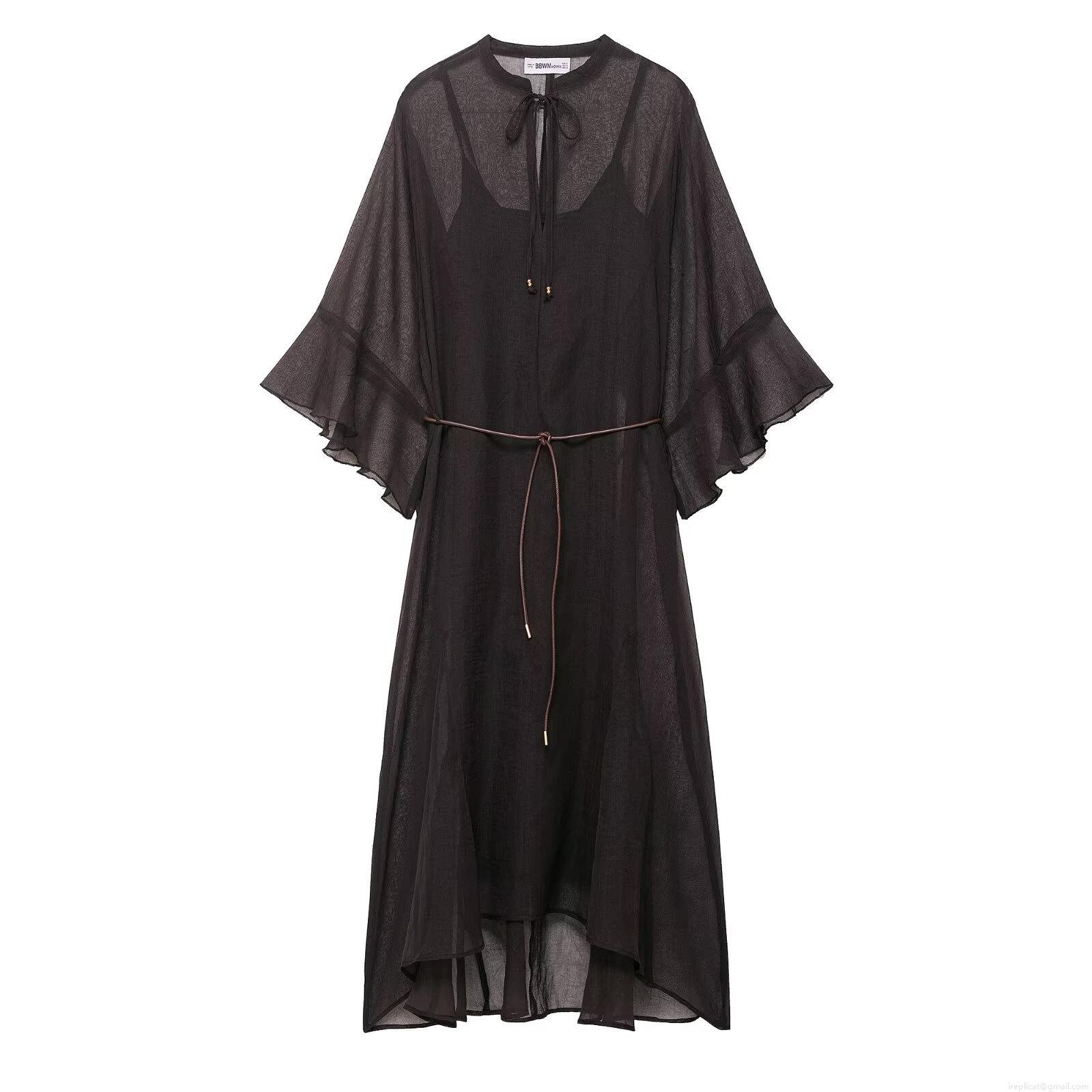 Women's Solid Black 100% Polyester Chiffon Maxi Dress With Waist Belt Flare Sleeve Tie Neck Layered Kaftan Dress For Summer Vacation Party Daily