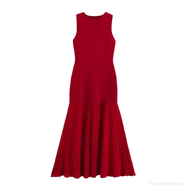 Women's Elegant Sleeveless Maxi Dress With Knitted Patchwork And Pleated A-Line Hem Solid Color Crew Neck Long Dress For Party Dating Fashion Ladies Summer Clothing