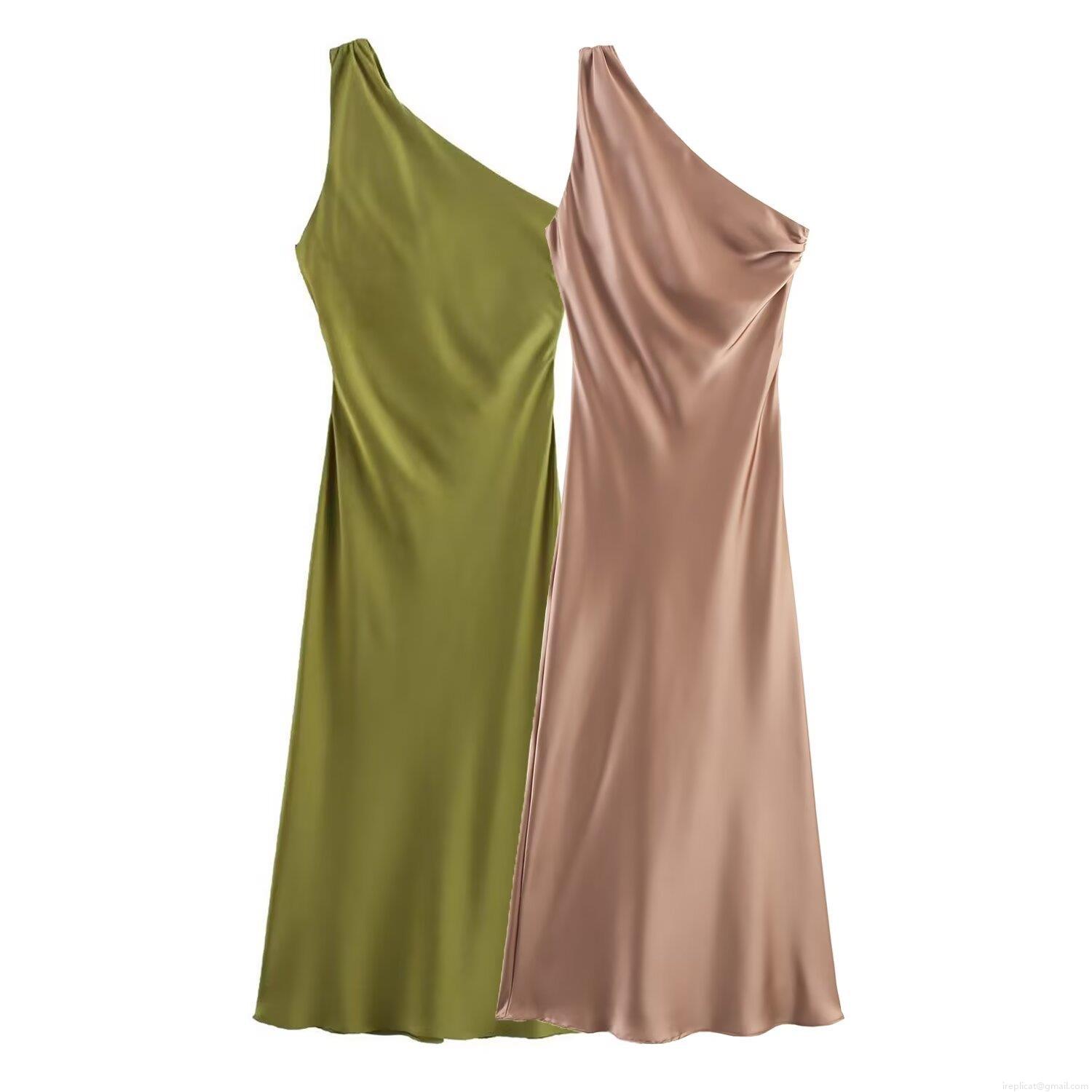 Women's Asymmetric One Shoulder Satin Maxi Dress Elegant Backless Silk Texture Evening Party Dress For Summer Women